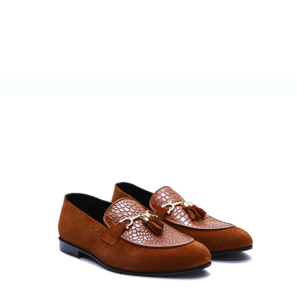 Pure Suede Leather Tassel Tan Loafer With Gold Buckle - Tan
