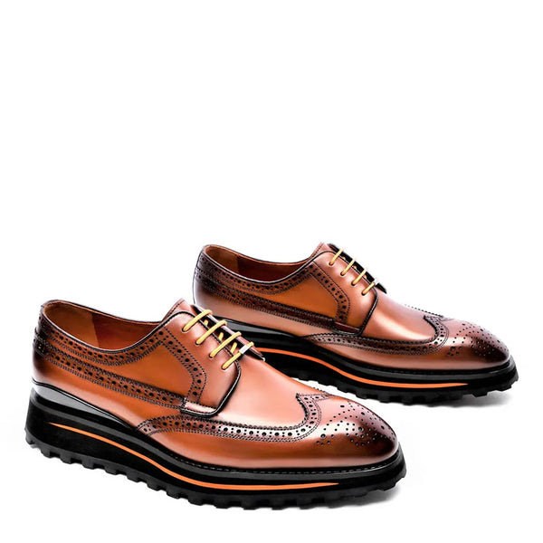 Luxury Shiny Leather Brogue Wingtip Shoe - Brown