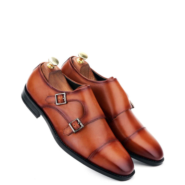 Classic Design Leather Double Monk Strap Shoe Tan