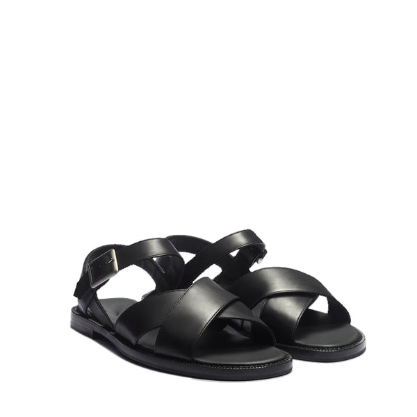 Back Strap Double V Leather Sandals - Black