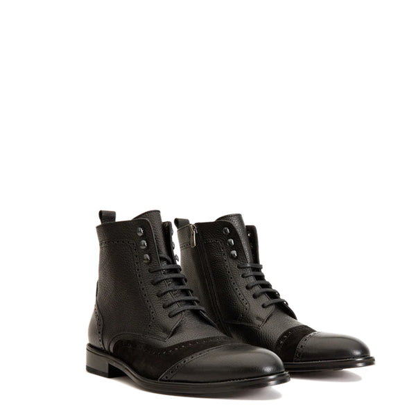 Leather and Suede Brogue Lace Up Men Boot - Black