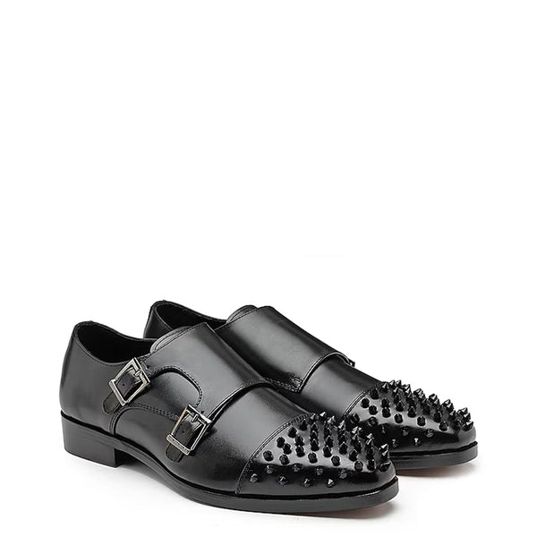 Men Solid Leather Double Monkstrap Shoe - Black