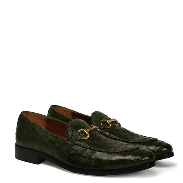 Leather Dot Pattern Horsbit Gold Buckled Loafers - Green