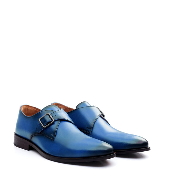 Premium Single Monk Strap Leather Shoe For Men - Blue