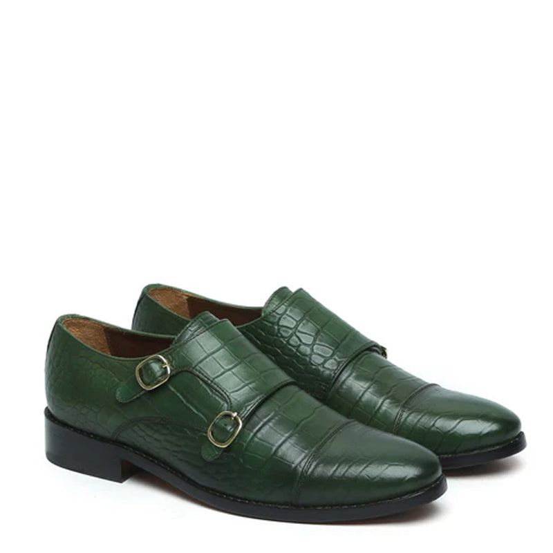 Croco Textured Leather Double Monk Shoes