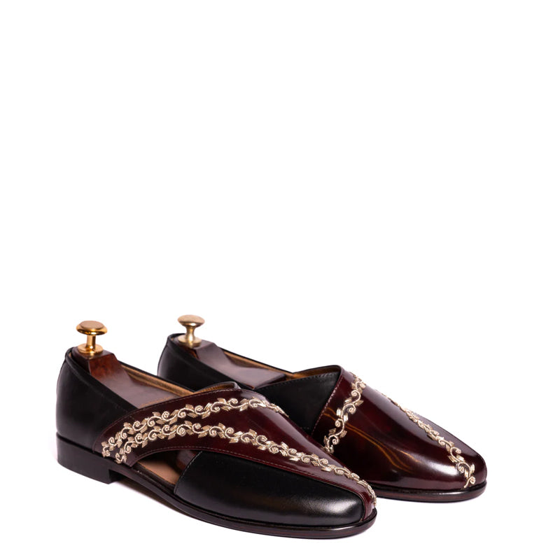 Handmade Shiny Leather Kail Peshawari Cherry and Black Sandal