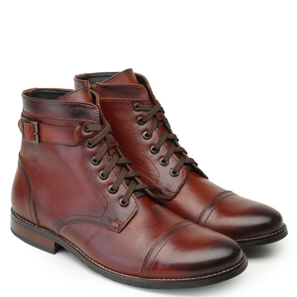 Men Solid High Buckle Leather Ankle Boot - Burgundy