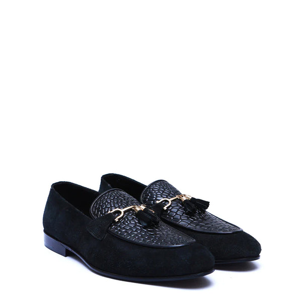 Pure Suede Leather Tassel Tan Loafer With Gold Buckle - Black
