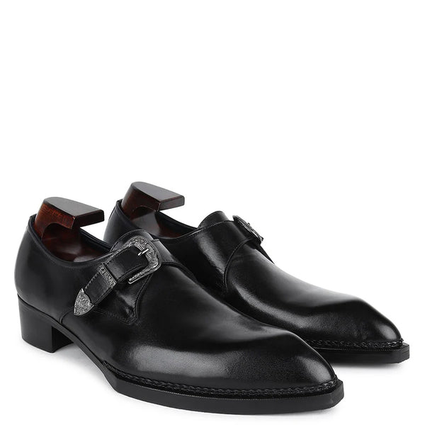 Plain Leather Single Monk Shoe With Side Buckle - Black