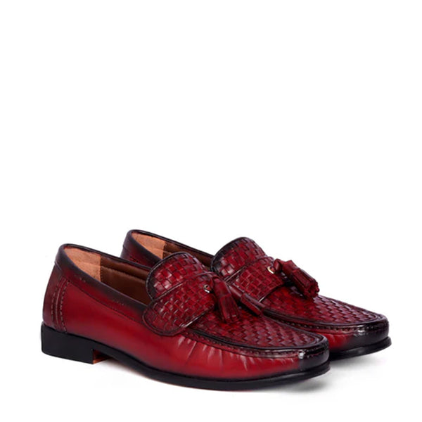 Weaved Solid Leather Tassel Loafers - Burgundy