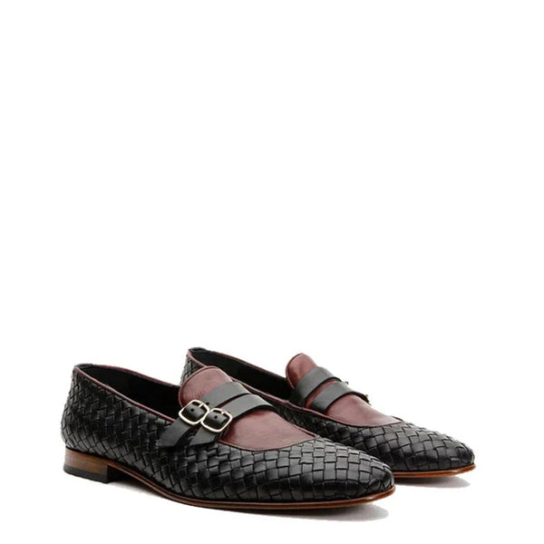 Men Leather Woven Double Monk Strap Shoe - Black