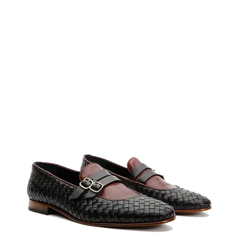 Men Leather Woven Double Monk Strap Shoe