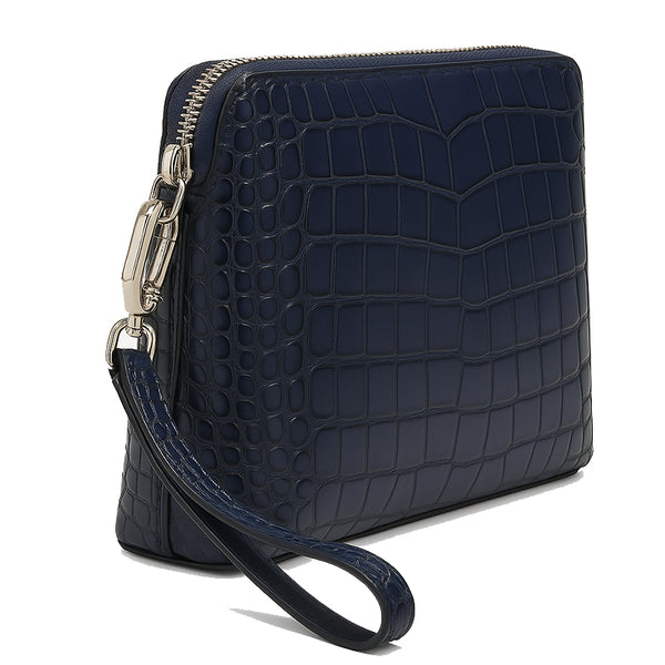 Italian Crocodile Leather Zipper Clutch for Men - Blue