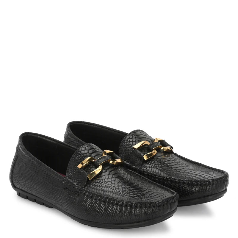 Premium Leather Black Loafer With Gold Buckled