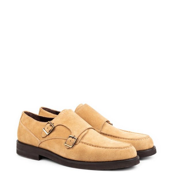 Men Suede Leather Double Monk Straps Tan Shoe
