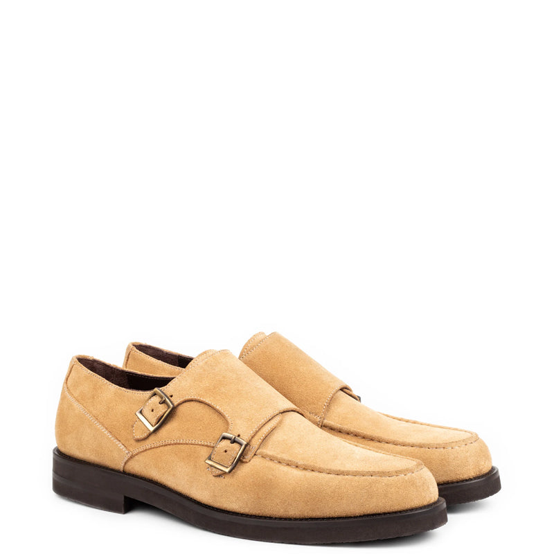Men Suede Leather Double Monk Straps Brown Shoe