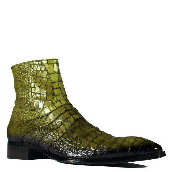 Croco Leather Zip Up Boots - Olive Green
