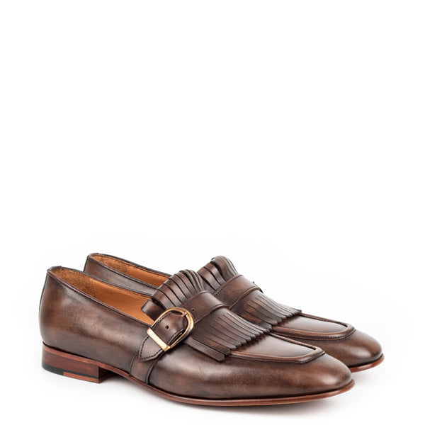 Premium Midnight Leather Single Monk Straps Shoe - Brown