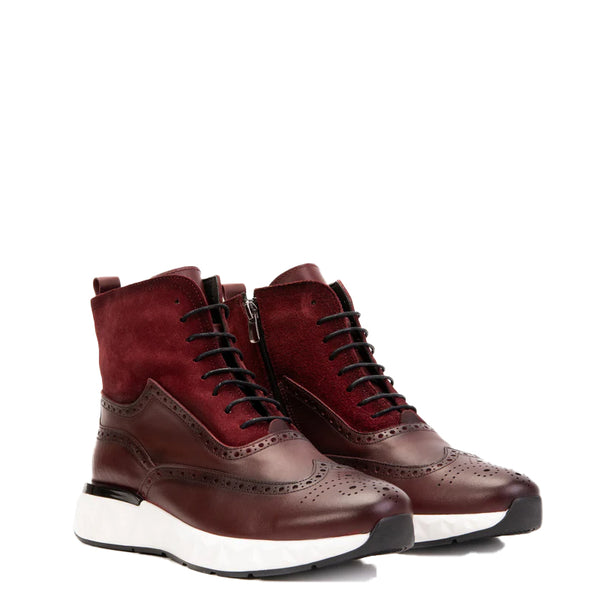 Premium Leather Lace Up Wingtip Burgundy Boot - Burgundy