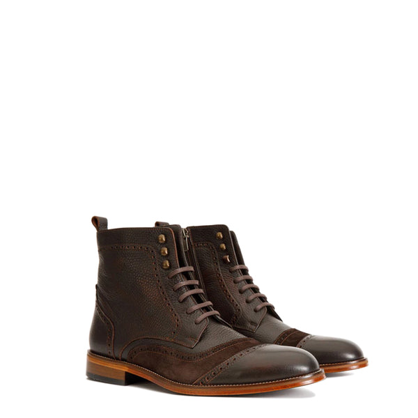Leather and Suede Brogue Lace Up Men Boot - Brown