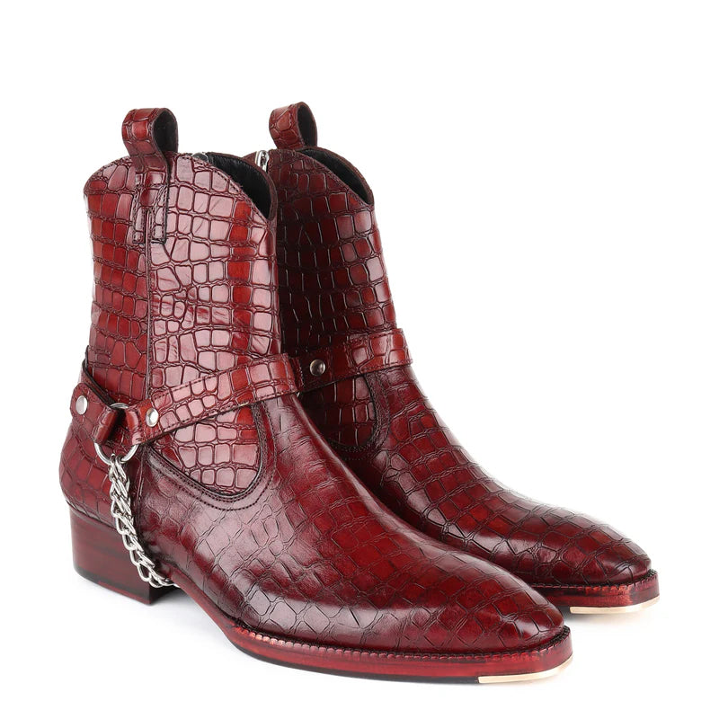 Croco Leather High Chelsea Ankle Chain Boots