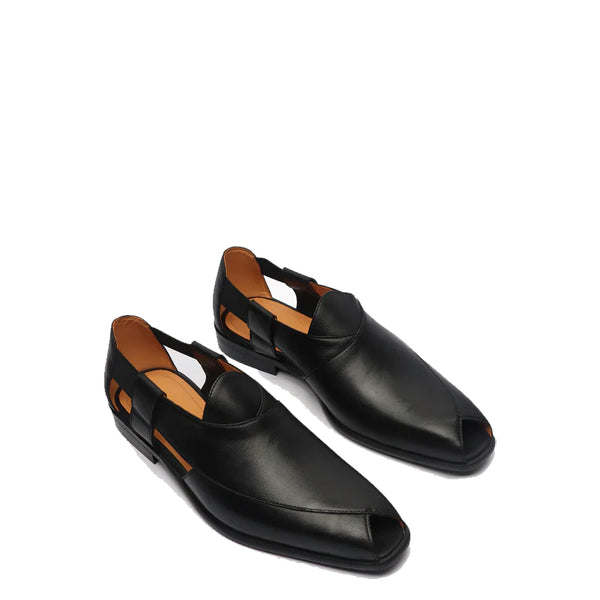 Classic Luxury Slip On Leather Peshawari Sandal - Black