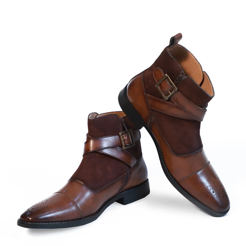 Leather Side Zip Up Buckled Ankle Black Boot