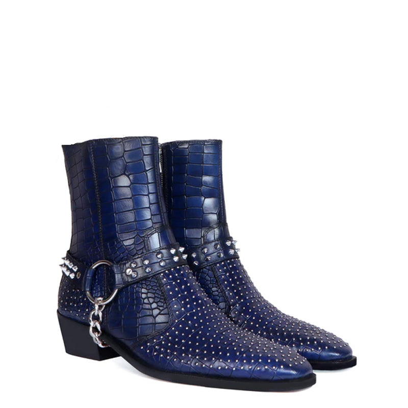 Croco Cuban Heel Leather Chelsea Chain Boots