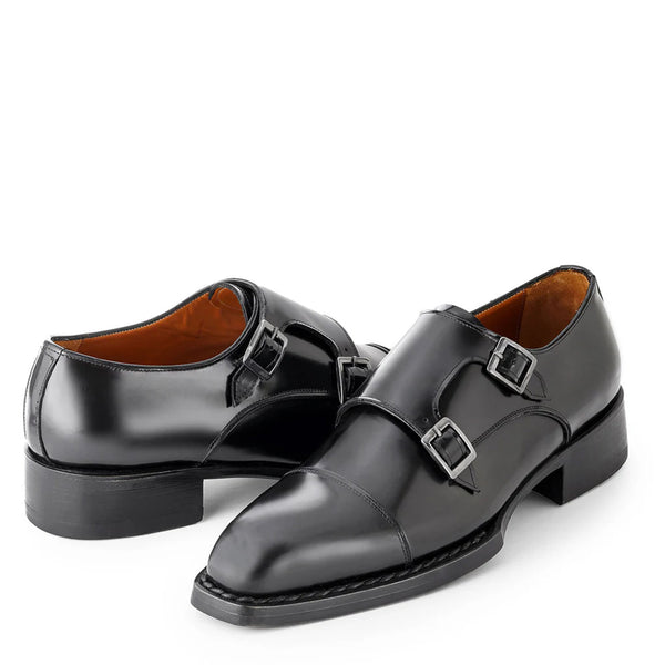 Men Cap Toe Leather Double MonkStraps Shoes - Black