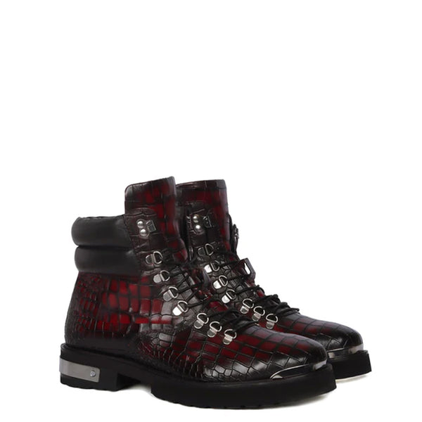 Croco Deep Cut Leather Lace UP Ankle Boot