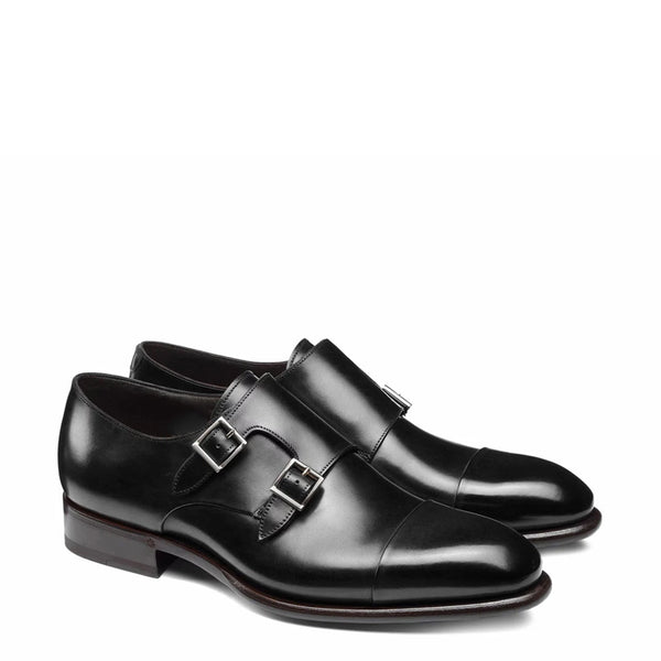 Leather Double Monk Strap Men Shoes - Black