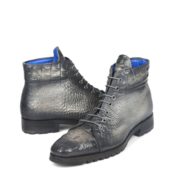 Hand Painted Croco Print Leather Lace Up Boot Burgundy