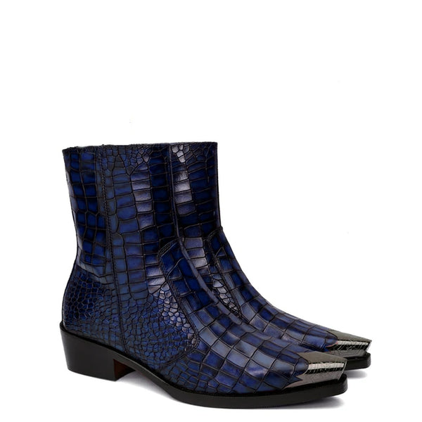 Luxury Croco Print Leather Side Zipper Boot - Blue