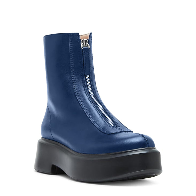 Premium Row Zipped Front Leather Blue Ankle Boot