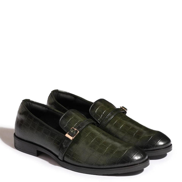 Croco Textured Leather Loafer With Side Buckle - Green