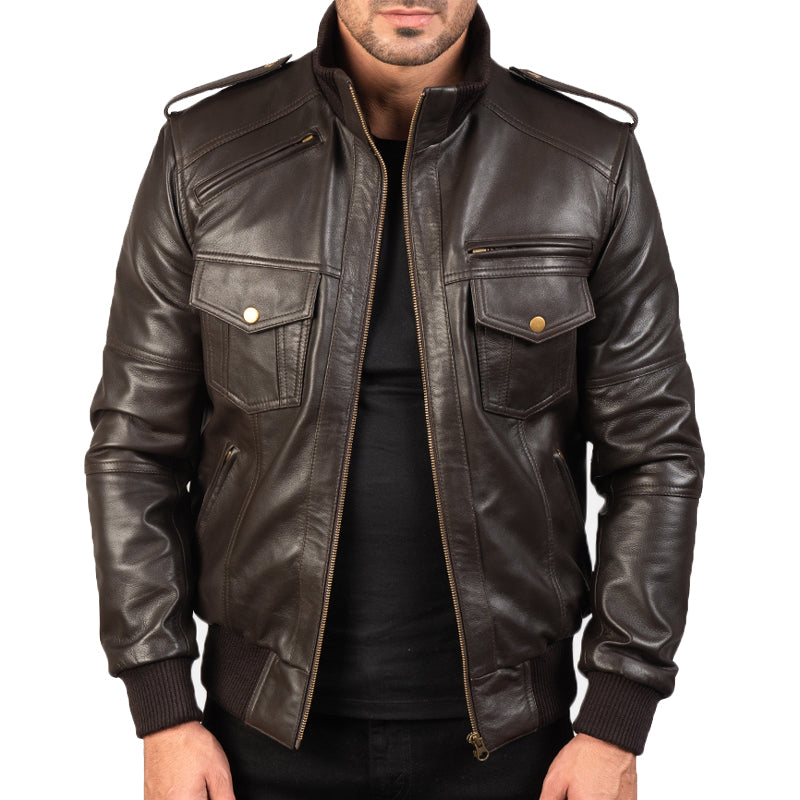 Agent Shadow Leather Bomber Jacket For Men