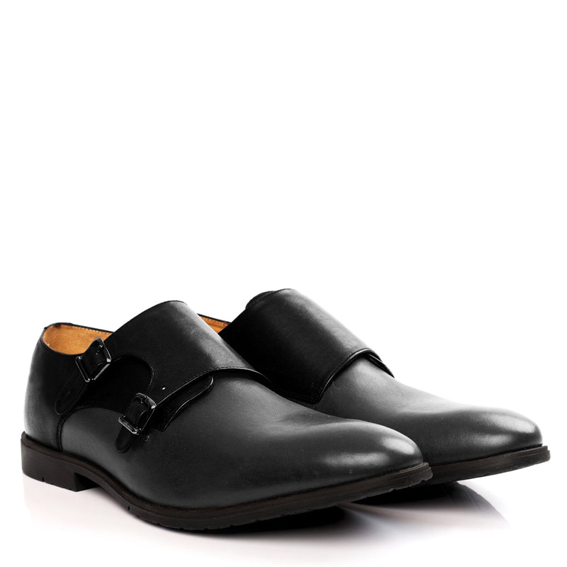 Leather Double Monk Strap Black and Gray Shoe For Men