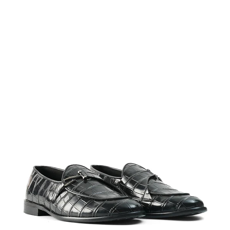 Croco Print Leather Stylish Black Loafer With Side Hook