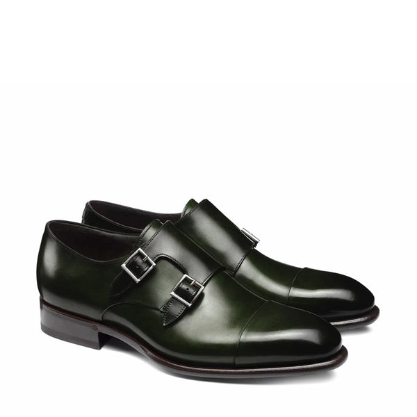 Leather Double Monk Strap Men Shoes - Green