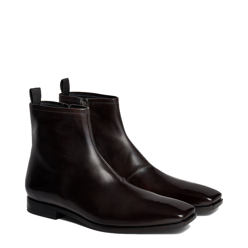 Luxury Leather Polished Dark Brown Square-toe Boot With Side-zip Detailing