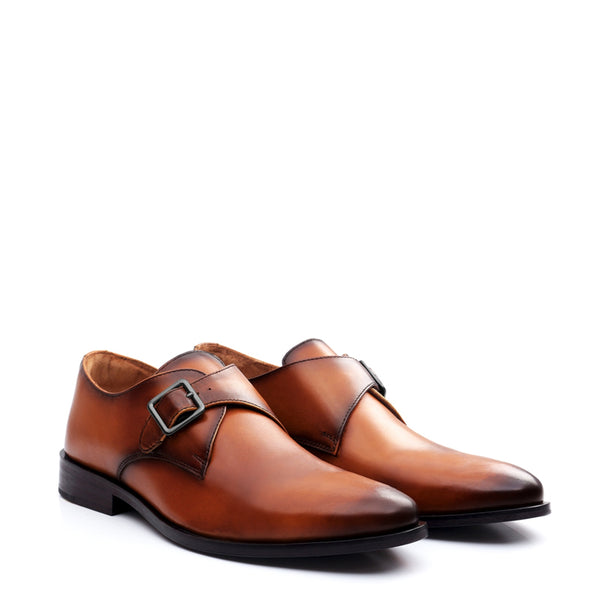 Premium Single Monk Strap Leather Shoe For Men - Tan