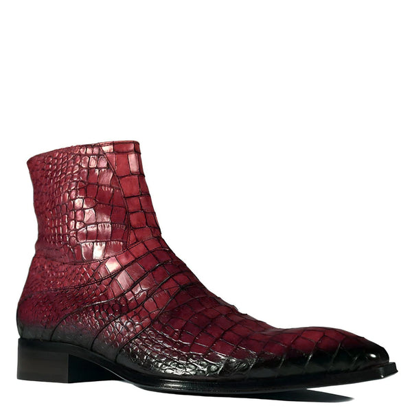 Croco Leather Zip Up Boots - Wine