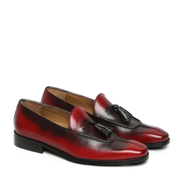 Men Slip On Leather Tassel Loafer - Red
