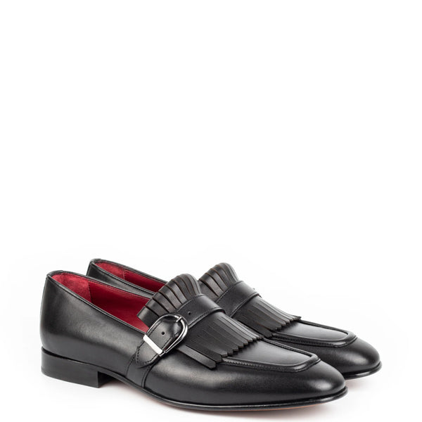 Premium Midnight Leather Single Monk Straps Shoe - Black