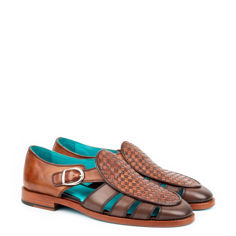 Men Green Black Textured Leather Peshawari Comfort Sandals