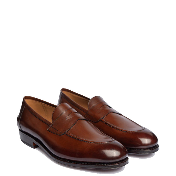 Plain Polished Leather Penny Tan Loafer For Men - Brown