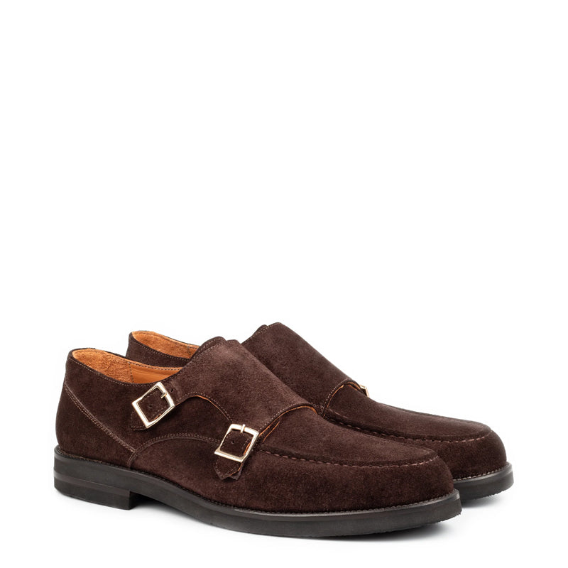 Men Suede Leather Double Monk Straps Brown Shoe