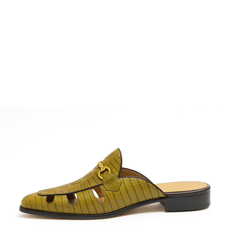 Embellished Textured Leather Mule Olive-Green