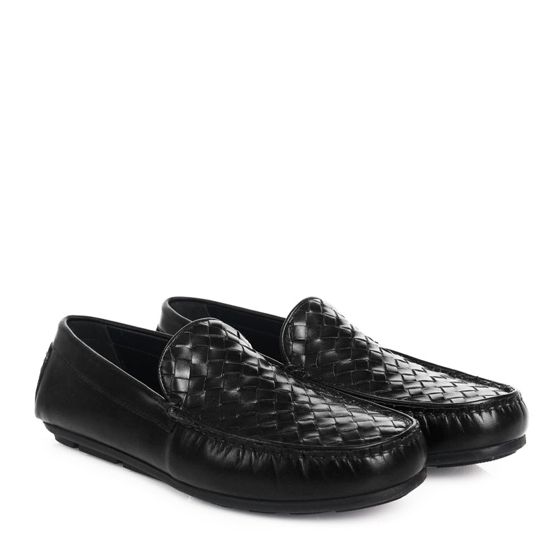 Weaved Textured Shiny Leather Driving Loafers