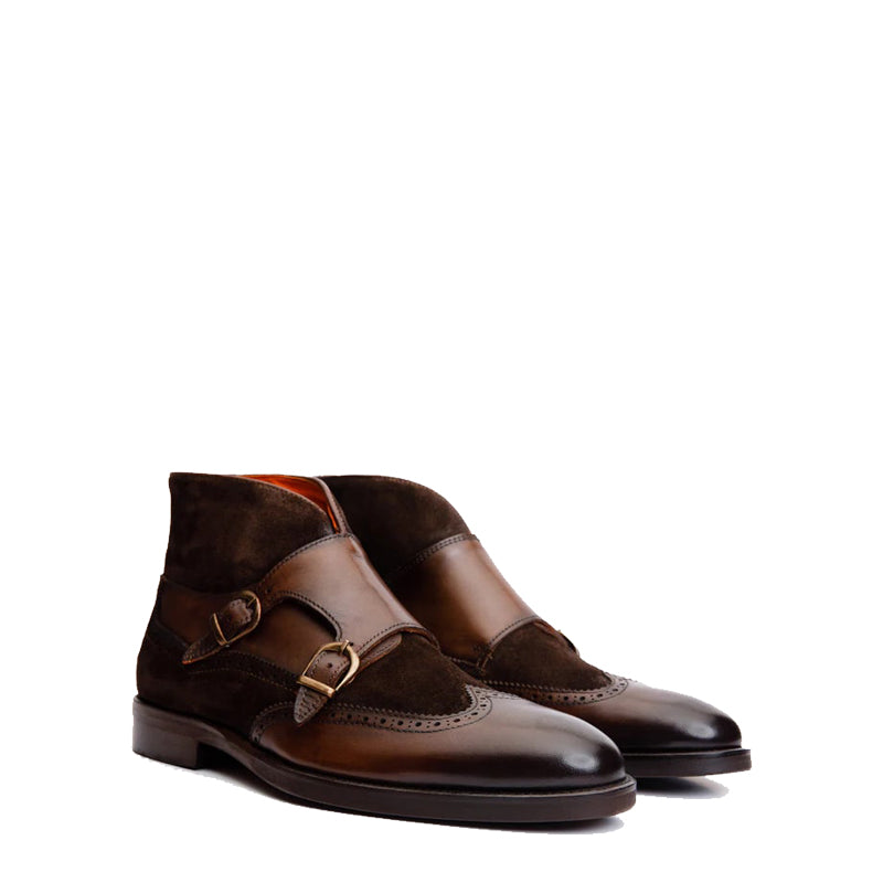 Blue Suede Leather Double Strap Monk Brogue Men Boot